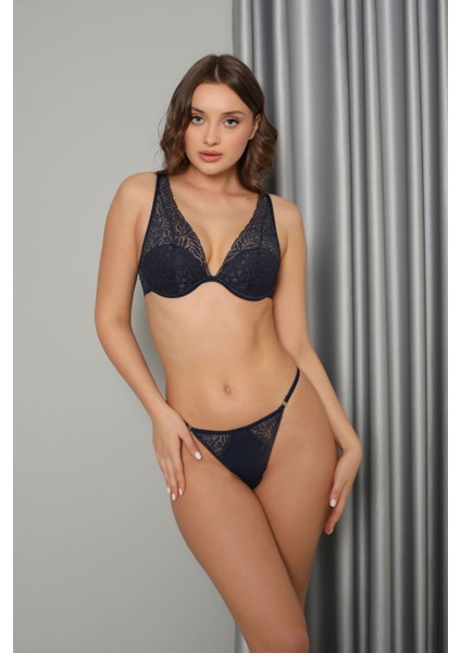 Lacivert Strappy Lace Sütyen String Takımı