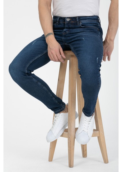 Erkek Mavi Tırnaklı Skinny Fit Jeans