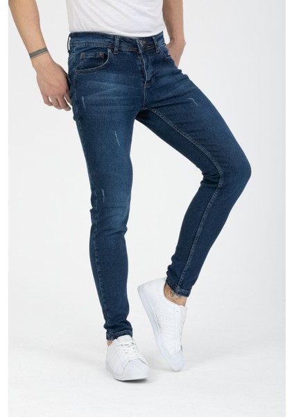 Erkek Mavi Tırnaklı Skinny Fit Jeans