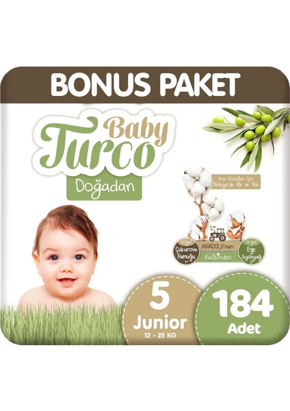 Baby Turco Doğadan Bonus Paket Bebek Bezi 5 Beden 92X2 184 Adet