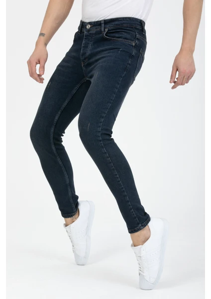 Erkek Mavi-Kahve Destroy Skinny Fit Jeans