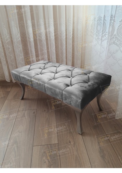 90 cm Kapitoneli Ayak Ucu Kapı Önü Antre Bench Puf Gümüş Ayak