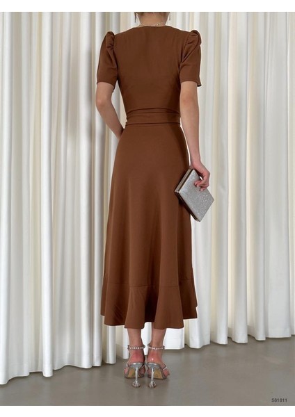 Krep Kumaş Midi Boy Kuşaklı Elbise (Renkli) fiyatları