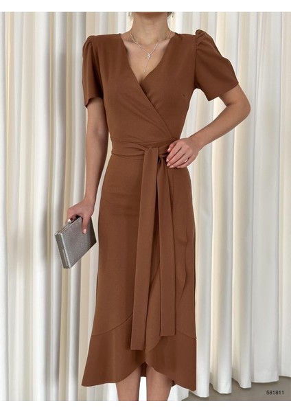 Krep Kumaş Midi Boy Kuşaklı Elbise (Renkli) fırsatları