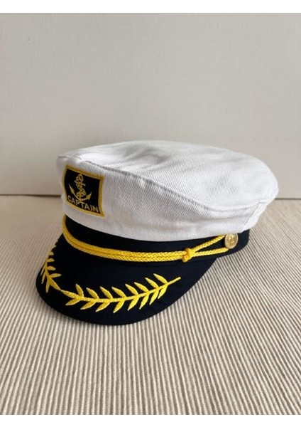 Denizci Model Önü Sırma Detaylı Beyaz Kaptan Şapkası