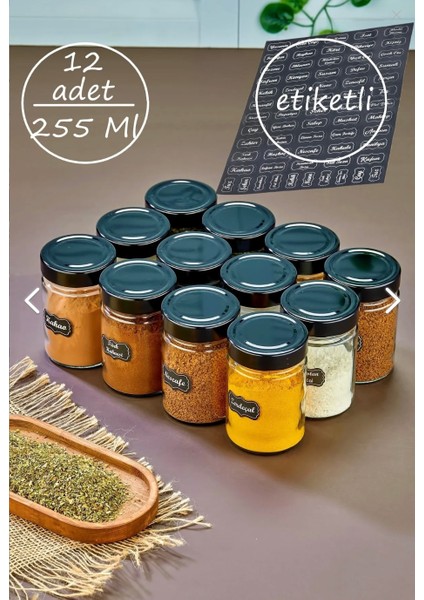 12'Li Etiketli 255 Ml Metal Kapaklı Cam Baharatlık Seti Lüks Saklama Kabı Kavanoz