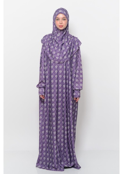 Pratik Tek Parça Güneş Desenli Kollu Tak Çıkar Başörtülü Likralı Tesettür Namaz Elbisesi 990 0318