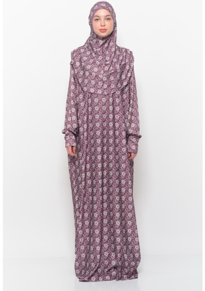 Pratik Tek Parça Güneş Desenli Kollu Tak Çıkar Başörtülü Likralı Tesettür Namaz Elbisesi 990 0317