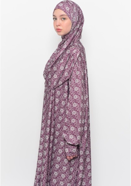 Pratik Tek Parça Güneş Desenli Kollu Tak Çıkar Başörtülü Likralı Tesettür Namaz Elbisesi 990 0317 fiyatları