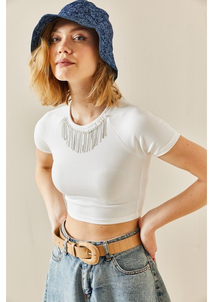 Beyaz Taşlı Kaşkorse Crop Bluz 3YXK2-47296-01