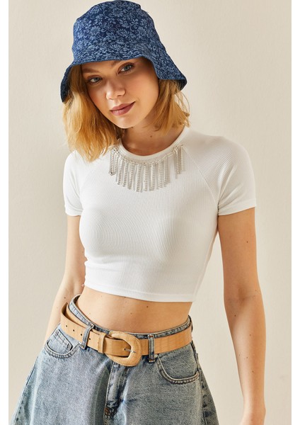 Beyaz Taşlı Kaşkorse Crop Bluz 3YXK2-47296-01 fiyatları