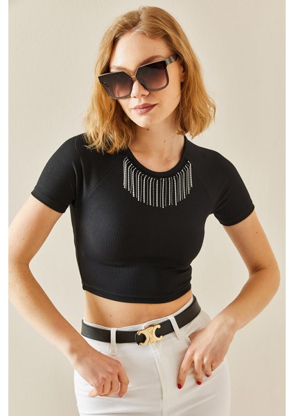 Siyah Taşlı Kaşkorse Crop Bluz 3YXK2-47296-02