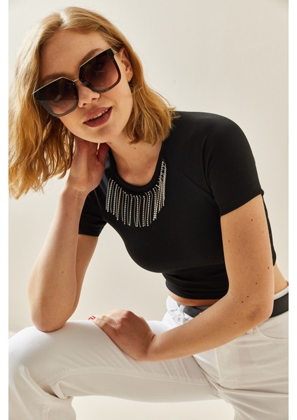 Siyah Taşlı Kaşkorse Crop Bluz 3YXK2-47296-02 fiyatları