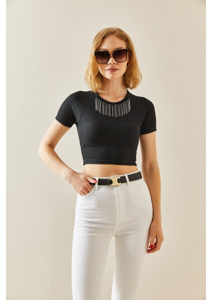 Siyah Taşlı Kaşkorse Crop Bluz 3YXK2-47296-02 modelleri