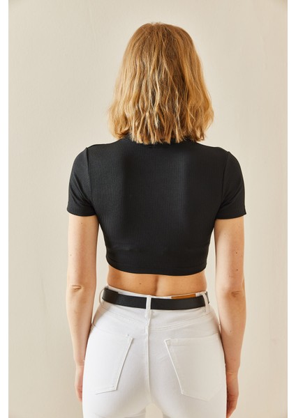 Siyah Taşlı Kaşkorse Crop Bluz 3YXK2-47296-02 fırsatları