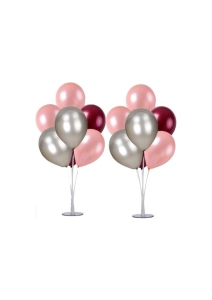 2 Adet 7 Li Balon Standı ve 14 Adet Rose Gold Gümüş Bordo Metalik Balon