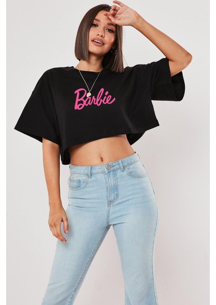 Kadın Barbie Baskılı Oversize Siyah Crop Tshirt