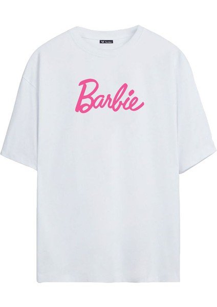 Kadın Barbie Baskılı Oversize Beyaz Tshirt