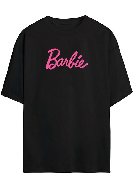 Kadın Barbie Baskılı Oversize Siyah Tshirt