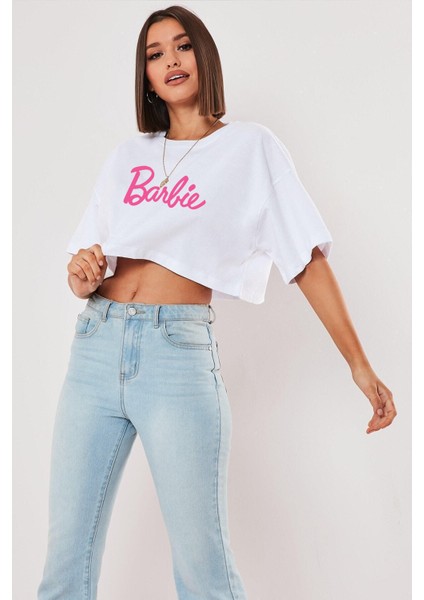 Kadın Barbie Baskılı Oversize Beyaz Crop Tshirt