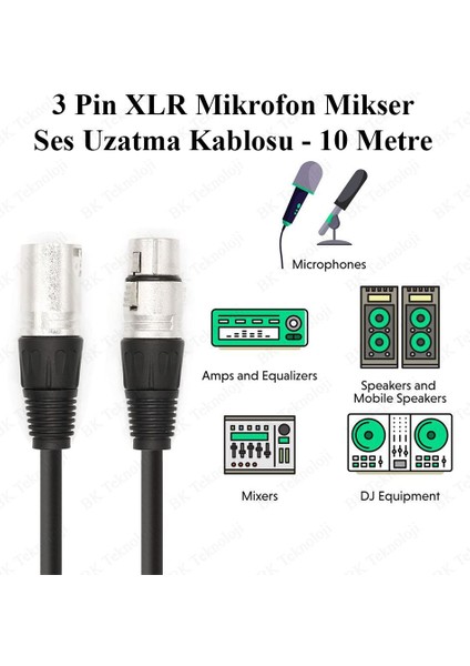 10 Metre Xlr 3 Pin Erkek - Dişi Dengeli Mikrofon Mikser Ses Kablosu
