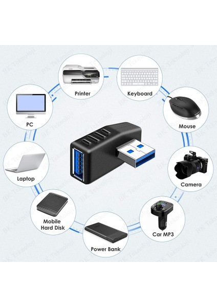 USB 3.0 Sol Açılı Konnektör Erkek Dişi 90 Derece Uzatma Adaptörü