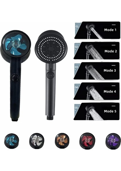Turbo Fan 5 Fonksiyonlu Duş Başlığı El Duşu Handshower, Siyah