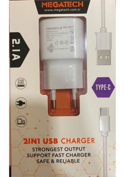 Mt-Ct1 2.1A 2ın1 Typc-E Ev Şarj+Type-C Kablo