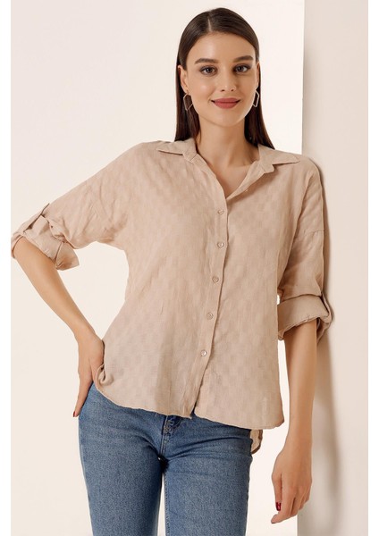 Önden Düğmeli Polo Yaka Kolları Katlamalı Düğmeli Gömlek Bej fiyatları