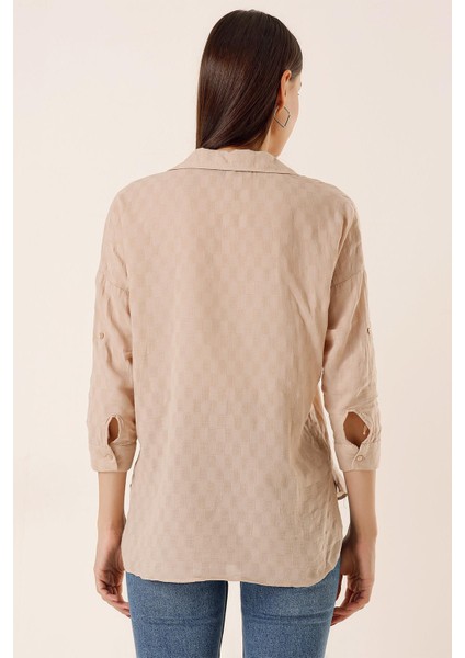 Önden Düğmeli Polo Yaka Kolları Katlamalı Düğmeli Gömlek Bej fırsatları