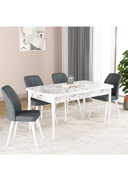 Hera Serisi Açılabilir Mdf Mutfak Salon Masa Takımı 4 Sandalyeli(Mermer Motifli Beyaz)