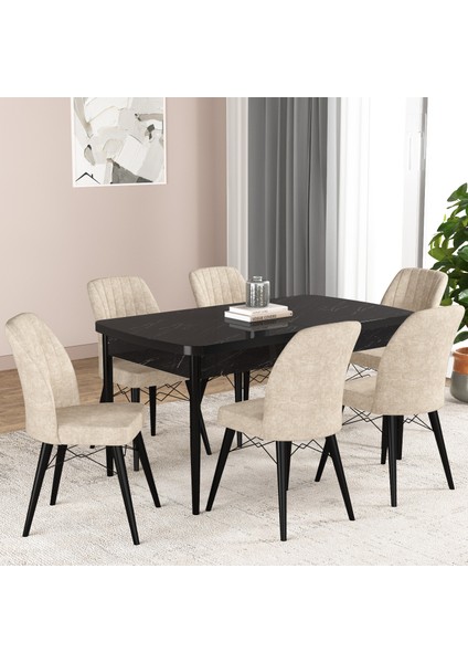 Hestia Serisi Açılabilir Mdf Mutfak Salon Masa Takımı 6 Sandalyeli(Siyah)