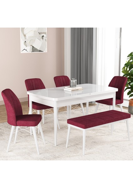 Bia Serisi Açılabilir Mdf Mutfak Salon Masa Takımı 4 Sandalye+1 Bench (Beyaz)