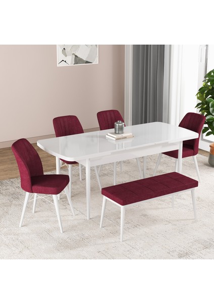 Bia Serisi Açılabilir Mdf Mutfak Salon Masa Takımı 4 Sandalye+1 Bench (Beyaz)