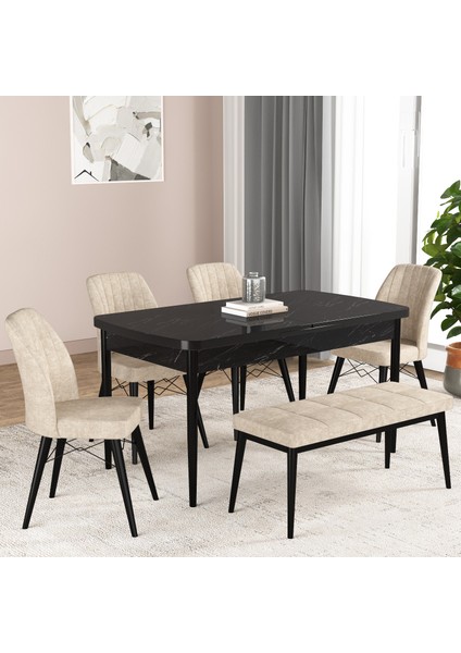 Bia Serisi Açılabilir Mdf Mutfak Salon Masa Takımı 4 Sandalye+1 Bench (Siyah Mermer)