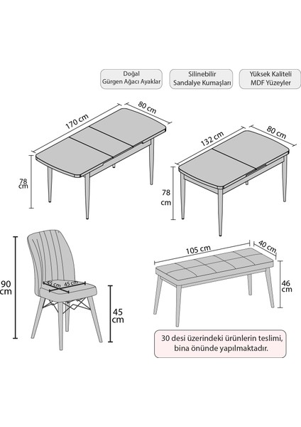 Bia Serisi Açılabilir Mdf Mutfak Salon Masa Takımı 4 Sandalye+1 Bench (Siyah Mermer)