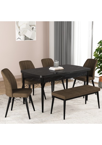 Bia Serisi Açılabilir Mdf Mutfak Salon Masa Takımı 4 Sandalye+1 Bench (Siyah Mermer)