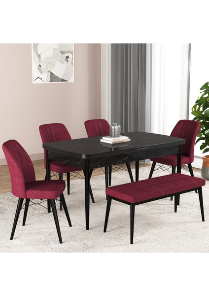 Bia Serisi Açılabilir Mdf Mutfak Salon Masa Takımı 4 Sandalye+1 Bench (Siyah Mermer)