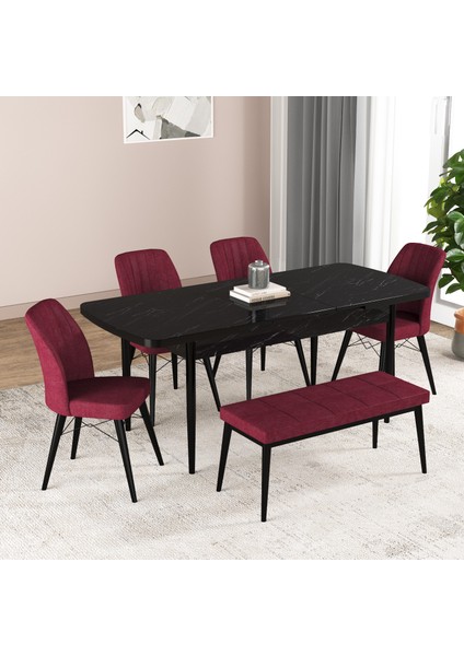 Bia Serisi Açılabilir Mdf Mutfak Salon Masa Takımı 4 Sandalye+1 Bench (Siyah Mermer)