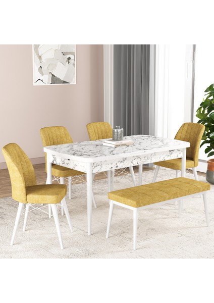 Bia Serisi Açılabilir Mdf Mutfak Salon Masa Takımı 4 Sandalye+1 Bench (Beyaz Mermer)