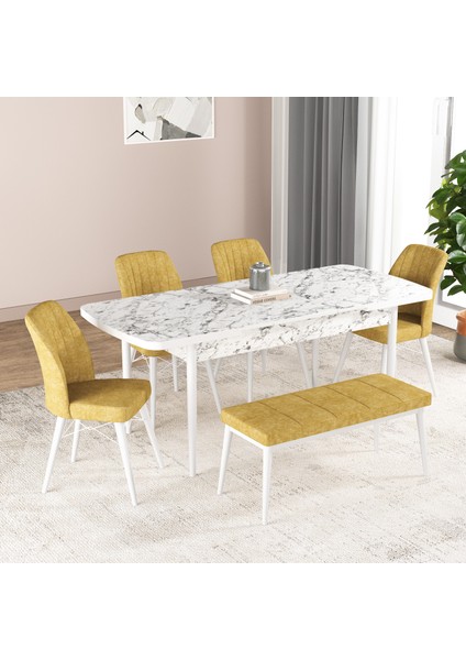 Bia Serisi Açılabilir Mdf Mutfak Salon Masa Takımı 4 Sandalye+1 Bench (Beyaz Mermer) fiyatları