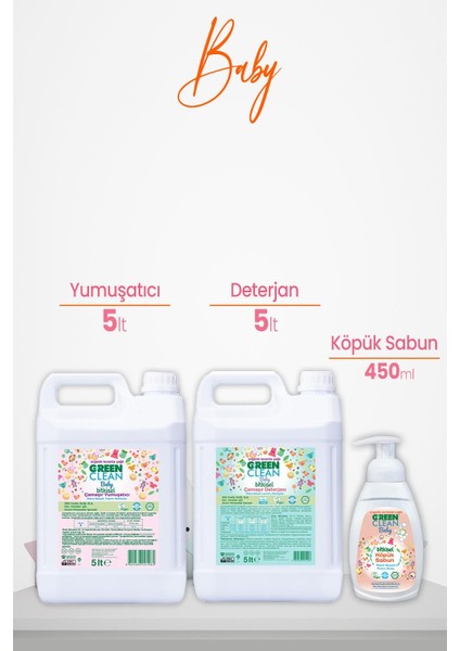 Green Clean Baby Bitkisel Çamaşır Yumuşatıcı ve Deterjanı Lavanta 5 Lt ve Köpük Sabun Portakal 450 ml