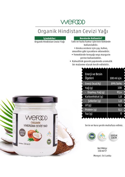 Organik Hindistan Cevizi Yağı 150 ml 2'li (Soğuk Sıkım) 8681749104048