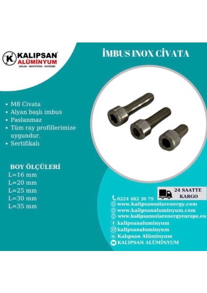 M8 x 20 mm Inox Imbus Cıvata 50'li