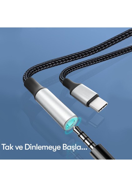 Tak Çalıştır Type-C To Aux 3.5mm Kulaklık Jak Dönüştürücü Alüminyum Alaşım Kırılmaz Örgü Kablo