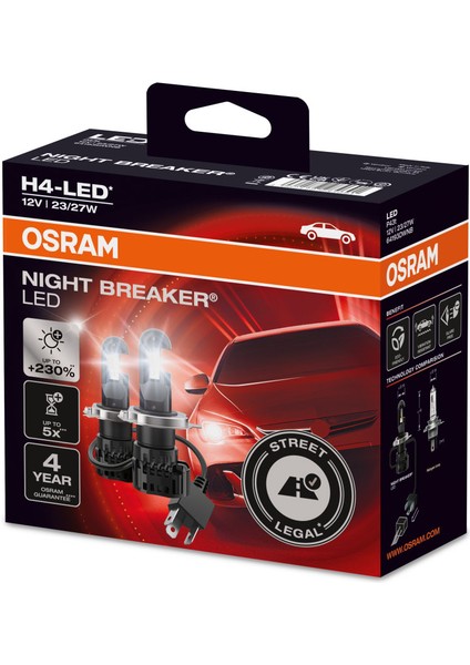 Night Breaker LED H4 12V %230 Fazla Işık 64193DWNB (1 Takım-2 Adet)