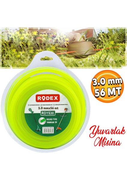 Rodex RDY530 Misina Motorlu Tırpan Yuvarlak Misina 3 mm 56 Metre Çim Ot Biçme Teli