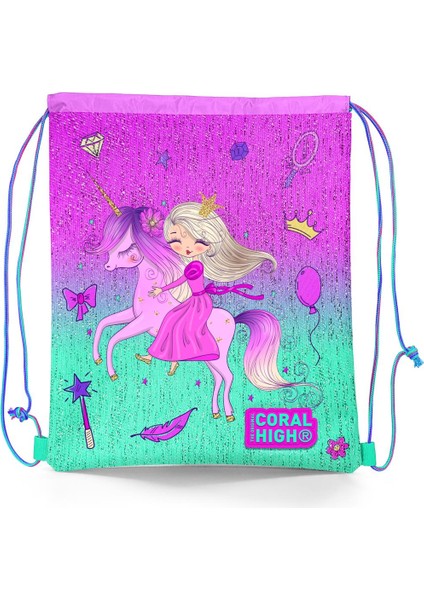 Kids Açık Pembe Mor Unicornlu Prenses Desenli Ipli Büzgülü Sırt Çantası 22686