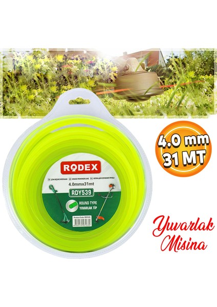 Rodex RDY539 Misina Motorlu Tırpan Yuvarlak Misina 4 mm 31 Metre Çim Ot Biçme Teli