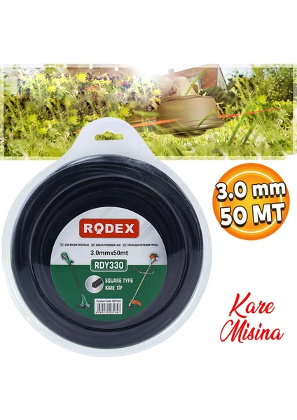 Rodex RDY330 Misina Motorlu Tırpan Kare Misina 3 mm 50 Metre Çim Ot Biçme Teli